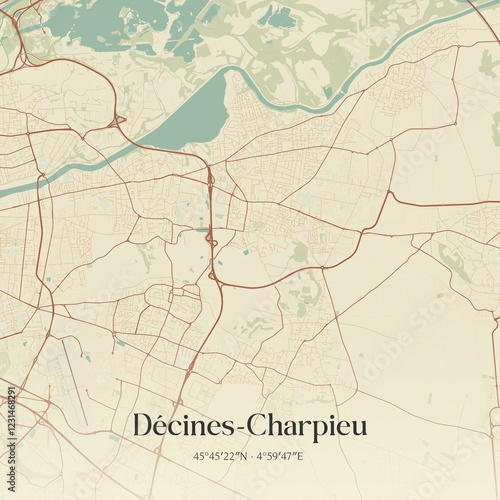 Obraz na płótnie Retro map of D�cines-Charpieu, Auvergne-Rh�ne-Alpes, France. Vintage street map. w salonie