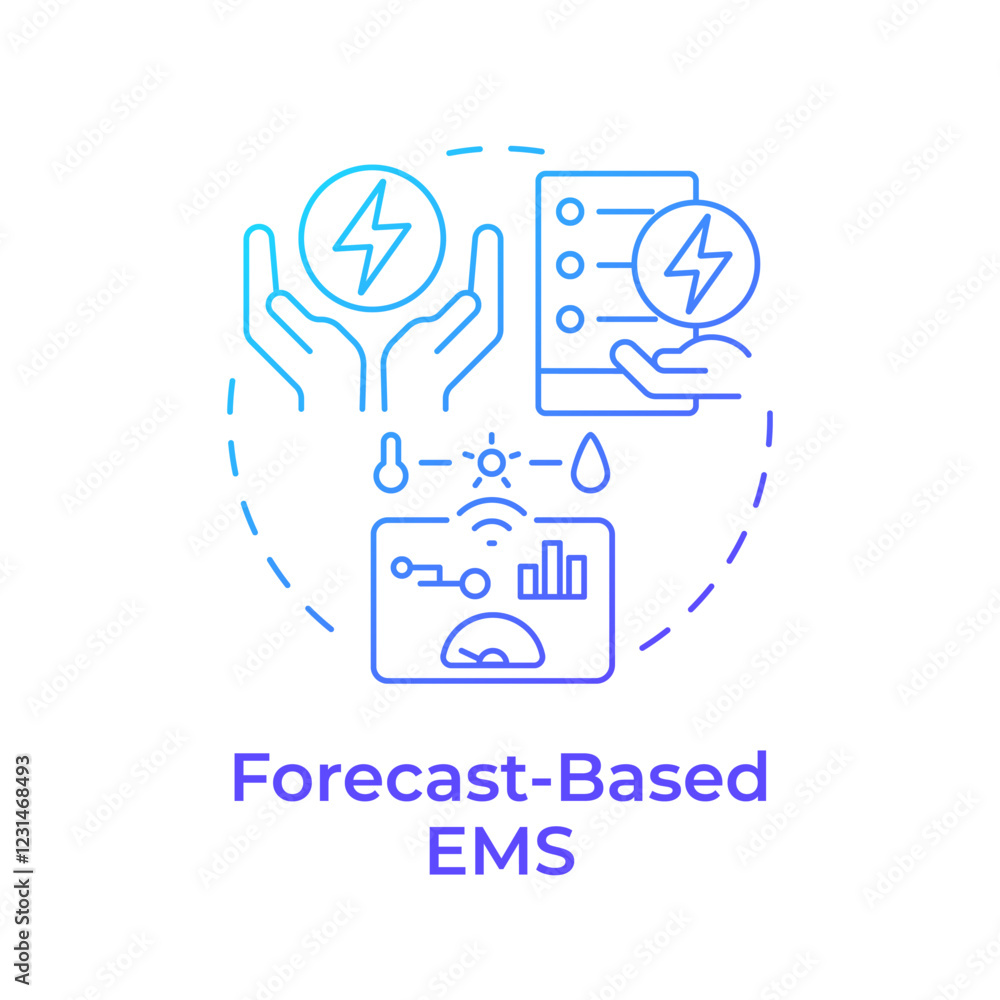 Forecast based EMS blue gradient concept icon. Statistical metrics. Energy consumption management. Round shape line illustration. Abstract idea. Graphic design. Easy to use in infographic Forecast based EMS blue gradient concept icon. Statistical metrics. Energy consumption management. Round shape line illustration. Abstract idea. Graphic design. Easy to use in infographic