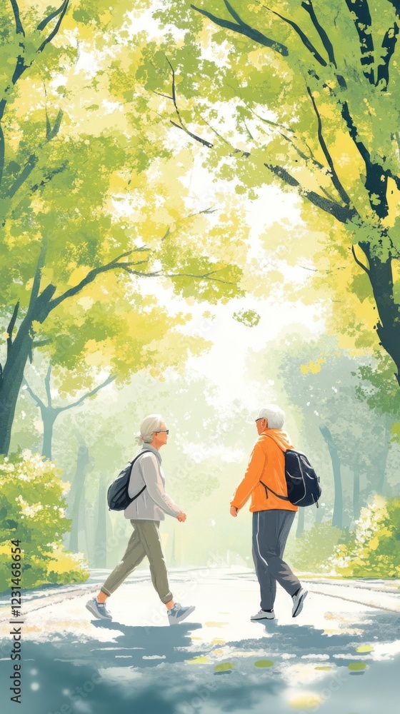 Obraz premium Fitness and outdoor activities of Asian elderly people hiking on mountain trails With natural light creating a soft glow all around. Pastel tones complement the tranquil outdoor atmosphere.