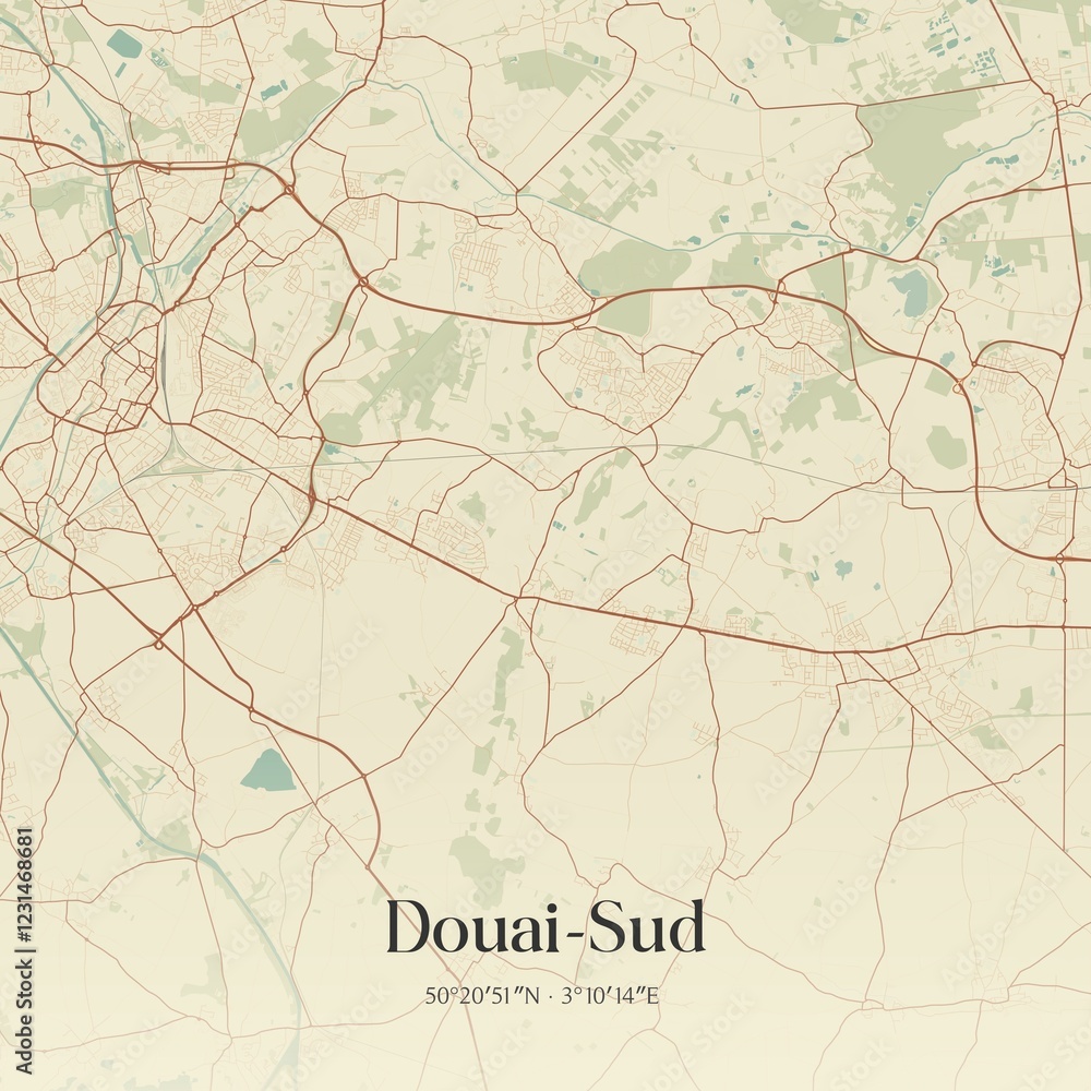 Fototapeta premium Retro map of Douai-Sud, Hauts-de-France, France. Vintage street map.
