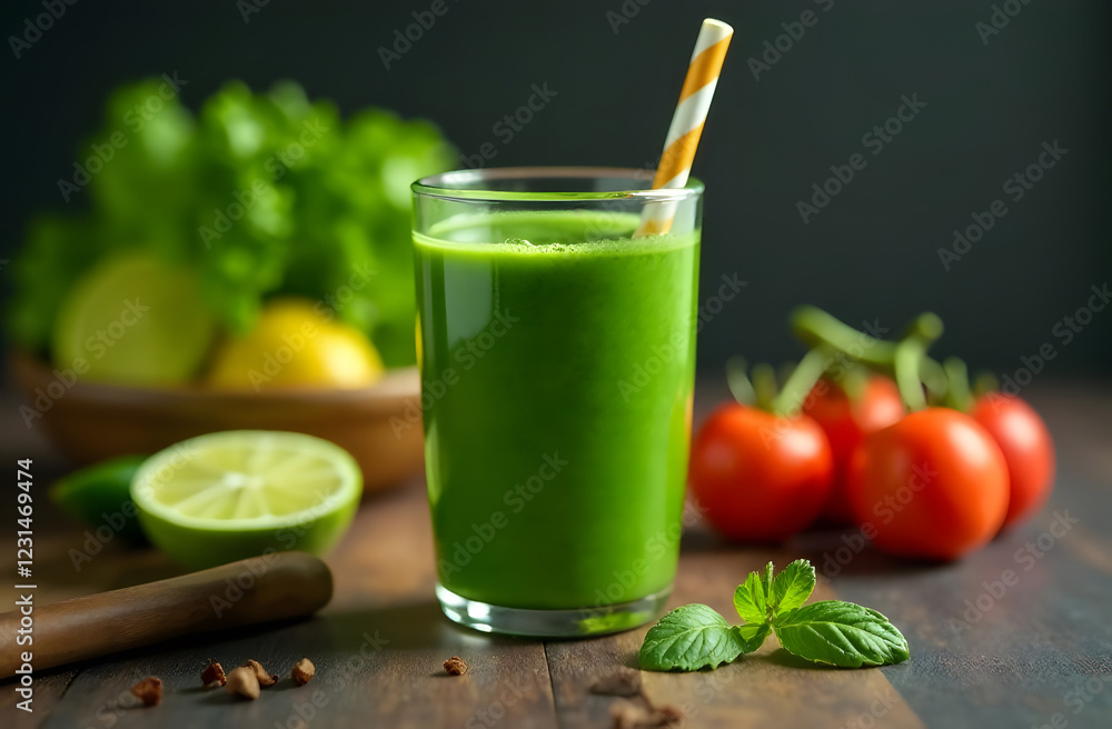 Fototapeta premium There is a place for text on the right side. Green smoothie made from vegetables and fruits. Healthy lifestyle, weight loss.