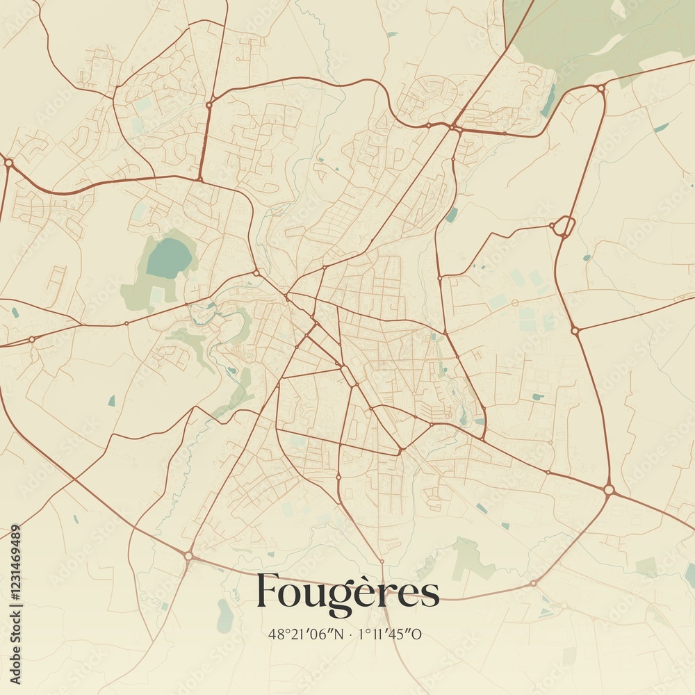 Fototapeta premium Retro map of Foug�res, Bretagne, France. Vintage street map.