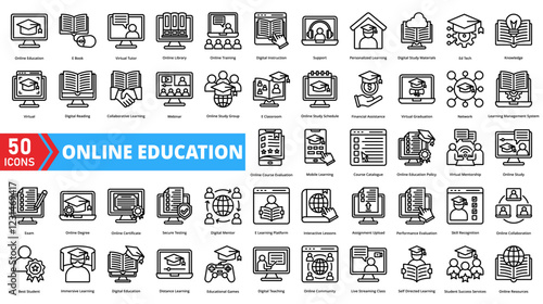 Set of online education web icons in line style. Containing learning, teaching, virtual, course, platform, webinar, knowledge, student, teacher, study