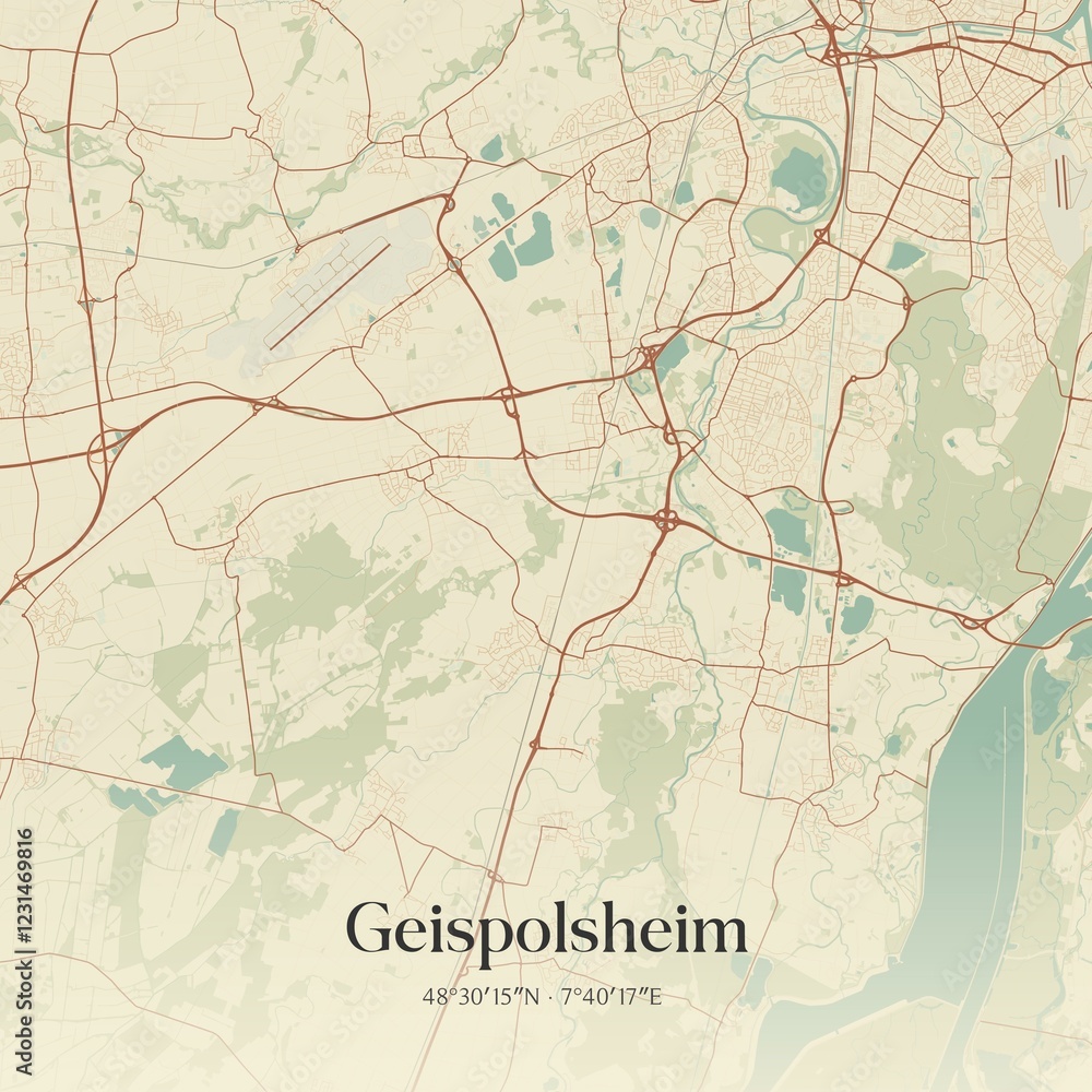 Fototapeta premium Retro map of Geispolsheim, Grand Est, France. Vintage street map.