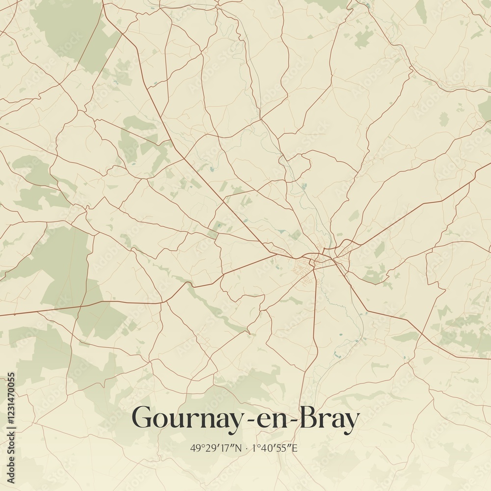 Obraz premium Retro map of Gournay-en-Bray, Normandie, France. Vintage street map.