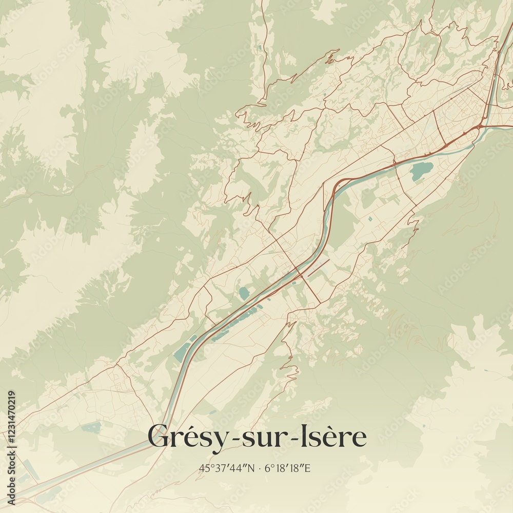 Fototapeta premium Retro map of Gr�sy-sur-Is�re, Auvergne-Rh�ne-Alpes, France. Vintage street map.