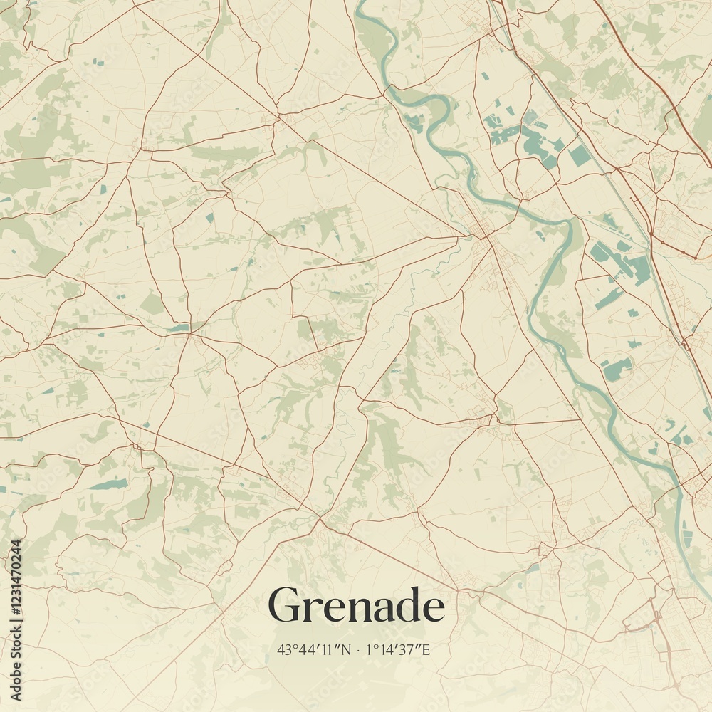 Obraz premium Retro map of Grenade, Occitanie, France. Vintage street map.
