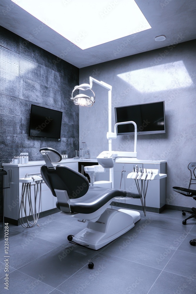Fototapeta premium Modern dental clinic interior, patient chair, screens, overhead light, clean design, healthcare