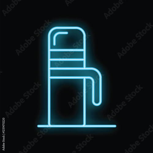 Blue neon sign of a thermos with a hot drink on a black background