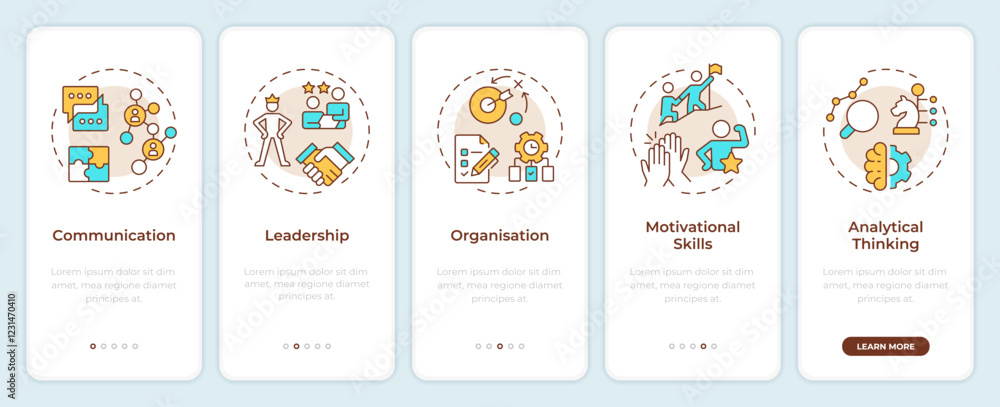 Fototapeta premium Line manager skills onboarding mobile app screen. Corporate. Walkthrough 5 steps editable graphic instructions with linear concepts. UI, UX, GUI template. Montserrat SemiBold, Regular fonts used