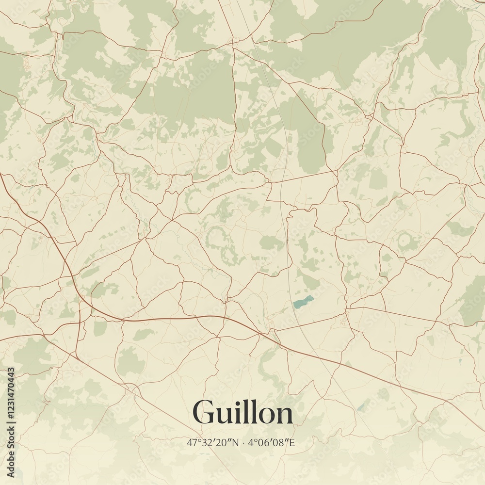 Fototapeta premium Retro map of Guillon, Bourgogne-Franche-Comt�, France. Vintage street map.