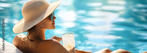 A woman with a beach hat lounging by a pool with a refreshing drink