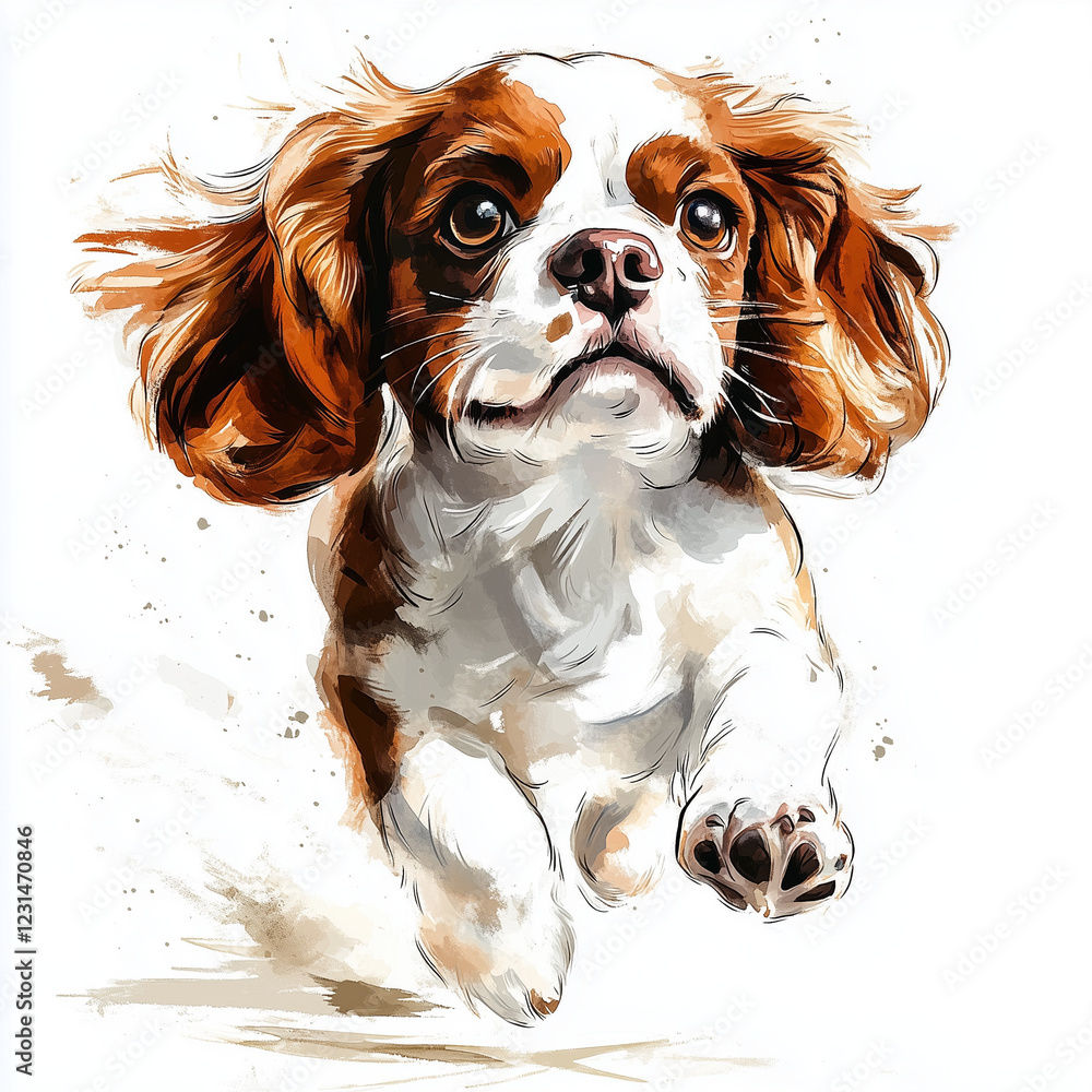Naklejka premium Illustration of the Cavalier King Charles Spaniel dog running towards, soft watercolor tones, white background, detailed illustration, cartoonish.