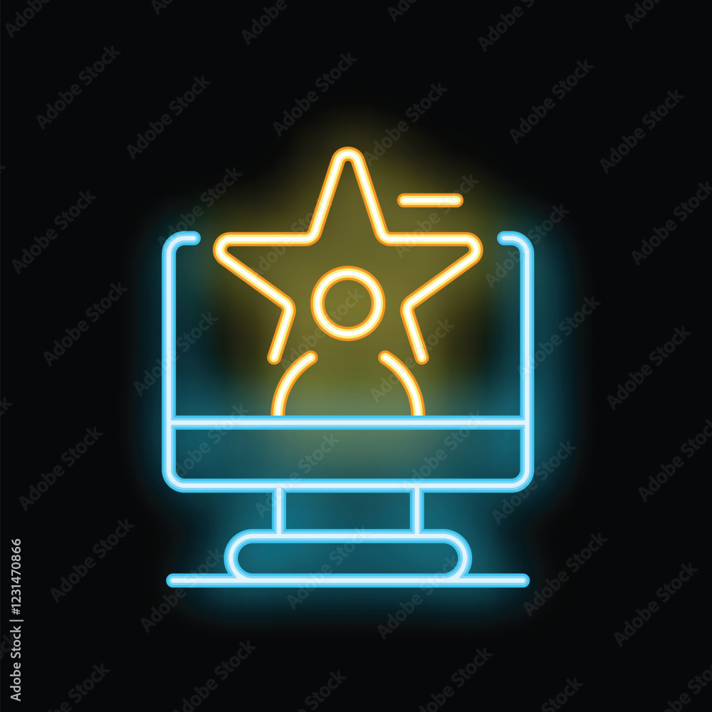 Neon sign depicting a computer screen with a stylized person and a star above, suggesting online fame or recognition Neon sign depicting a computer screen with a stylized person and a star above, suggesting online fame or recognition