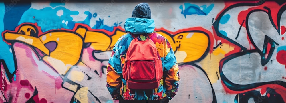 Fototapeta premium A person standing in front of a graffiti-covered wall, wearing a colorful jacket