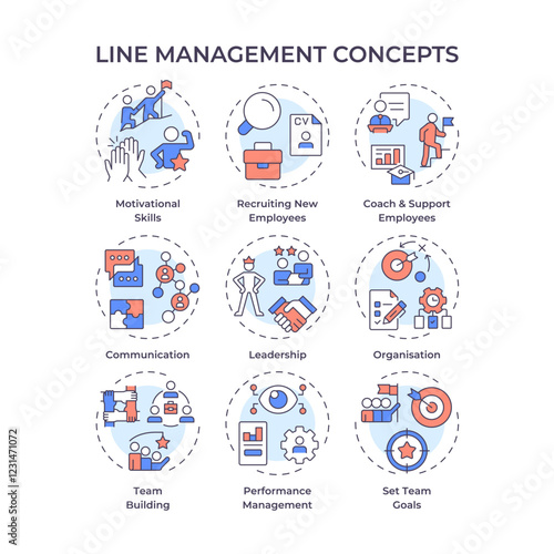 Line management multi color concept icons. Corporate career. Goods production and delivery employees supervision. Icon pack. Vector images. Round shape illustrations for presentation. Abstract idea