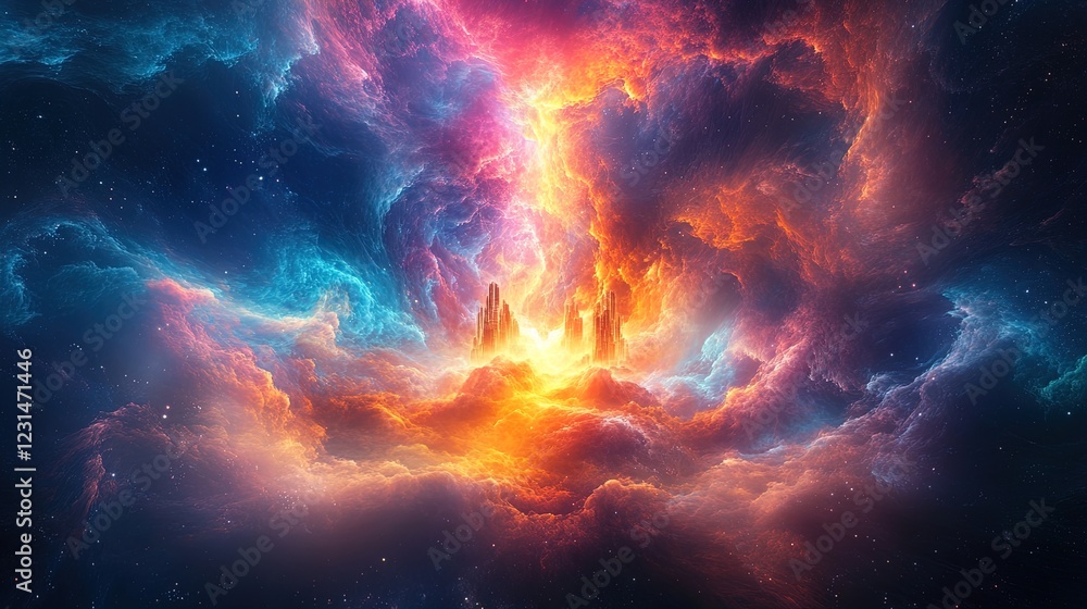 Fototapeta premium An abstract floating fortress glowing with radiant energy in a magical sky