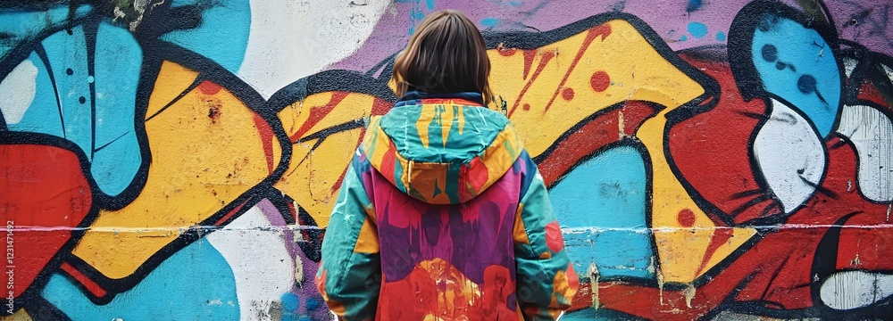 Fototapeta premium A person standing in front of a graffiti-covered wall, wearing a colorful jacket