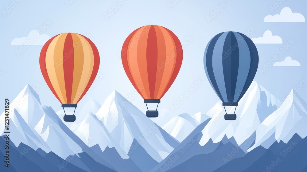 Fototapeta premium Three Pixel-Art Hot Air Balloons Ascending Over Snowy Mountains