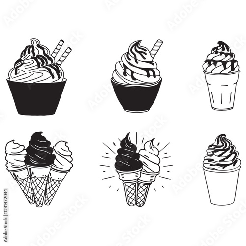 
scoops of creamy vanilla ice cream in brown paper cup. Set of Chocolate White Soft Serve Ice Cream Waffle Cone vector illustration