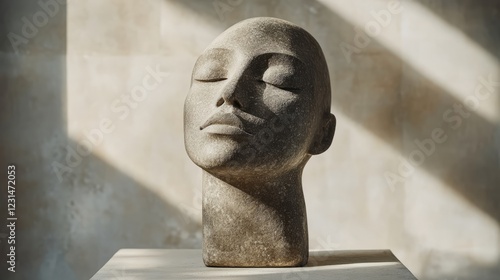 A contemporary sculpture head in a smooth matte finish, displayed against a minimalistic background with soft, neutral colors photo