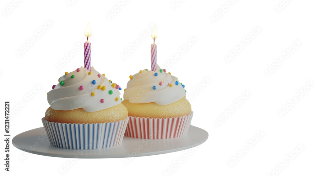 Celebration with colorful cupcakes topped with candles on a white plate for a joyful occasion Celebration with colorful cupcakes topped with candles on a white plate for a joyful occasion