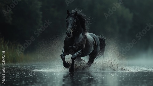 Majestic black horse galloping through water in a serene forest setting