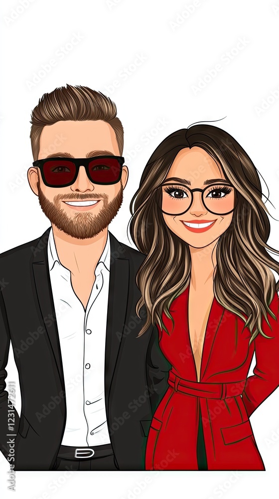 Couple portrait, stylish attire, white background, romantic illustration, social media profile Couple portrait, stylish attire, white background, romantic illustration, social media profile
