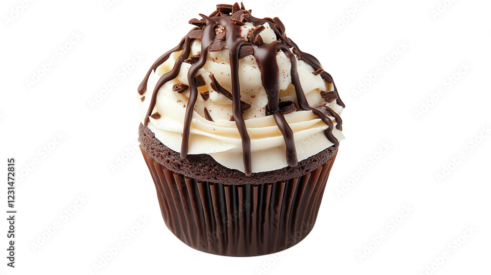 Delicious chocolate cupcake topped with creamy frosting and drizzled chocolate Delicious chocolate cupcake topped with creamy frosting and drizzled chocolate