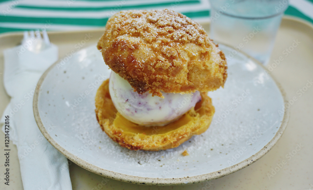 Ice cream choux sandwich on tray Ice cream choux sandwich on tray