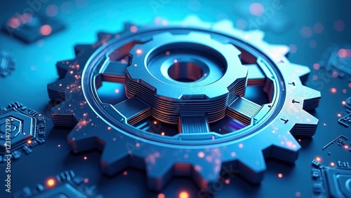 Illustration of a gear wheel, composed of interconnected hexagons and circuit boards, set against a vibrant, electric light blue background that evokes a sense of cutting-edge technology and innovatio photo