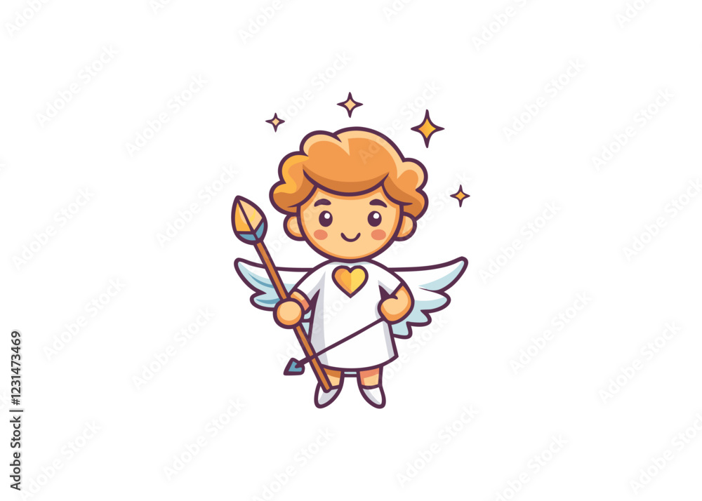 Cute funny cupid, Valentine's day cherub flying and shooting with arch bow, heart arrow, romantic love Isolated white background. Cute funny cupid, Valentine's day cherub flying and shooting with arch bow, heart arrow, romantic love Isolated white background.