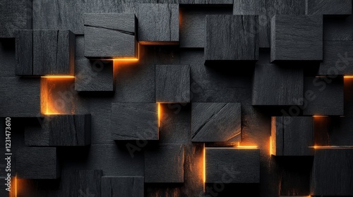 Modern abstract pattern of black wooden geometric shapes with warm illuminations