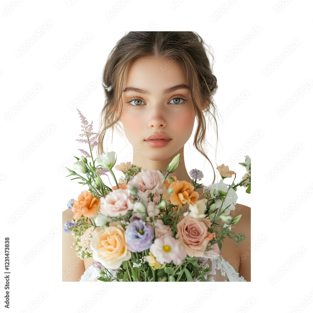 Woman Holding a Bouquet of Flowers Isolated on Transparent Background Woman Holding a Bouquet of Flowers Isolated on Transparent Background