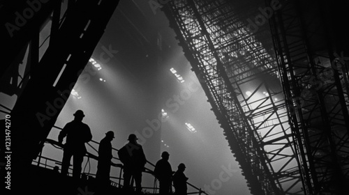 Silhouetted construction workers against a massive steel structure, with industrial lights casting long shadows.