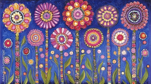 Vibrant, stylized floral artwork featuring large, colorful blossoms on dark blue background