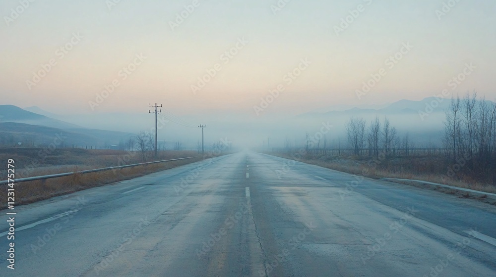 Serene Empty Road in Foggy Landscape at Dawn with Soft Colors Serene Empty Road in Foggy Landscape at Dawn with Soft Colors
