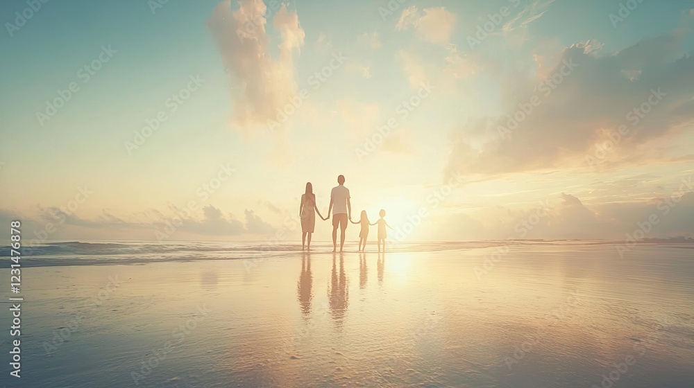 Fototapeta premium Family sunset beach stroll, ocean reflection, happy vacation