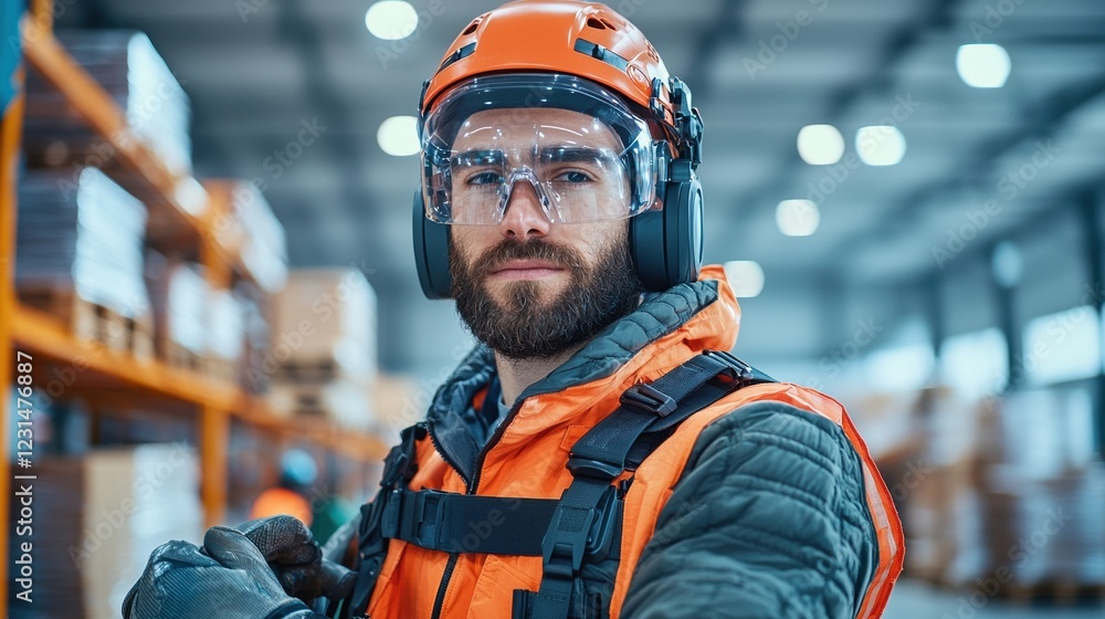 Fototapeta premium A focused worker in safety gear stands confidently in a warehouse, projecting professionalism and dedication