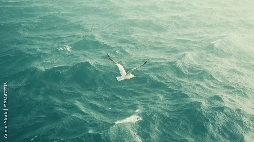 Naklejka premium Seagull Soaring Over Turbulent Teal Ocean Under Hazy Sky