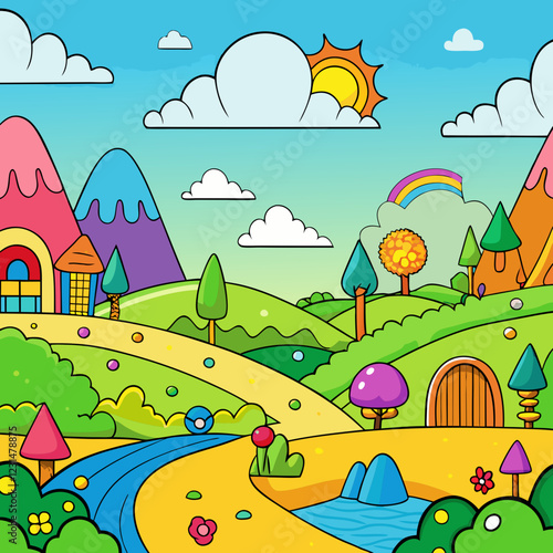 Colorful Cartoon Landscape Vector Illustration

