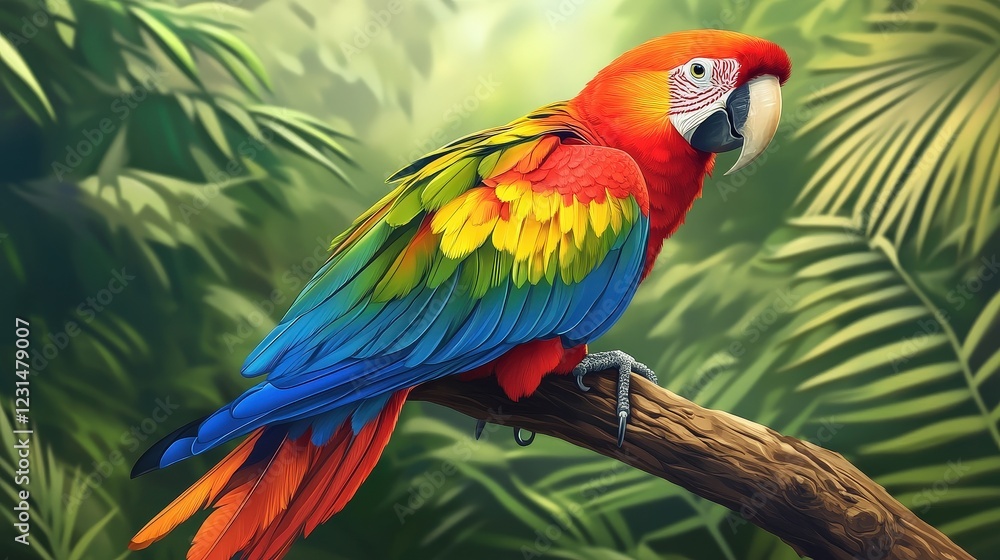 Obraz premium Scarlet Macaw in Tropical Paradise: A vibrant Scarlet Macaw perches majestically on a branch, its plumage a dazzling array of red, yellow, blue, and green against a lush backdrop of tropical foliage.