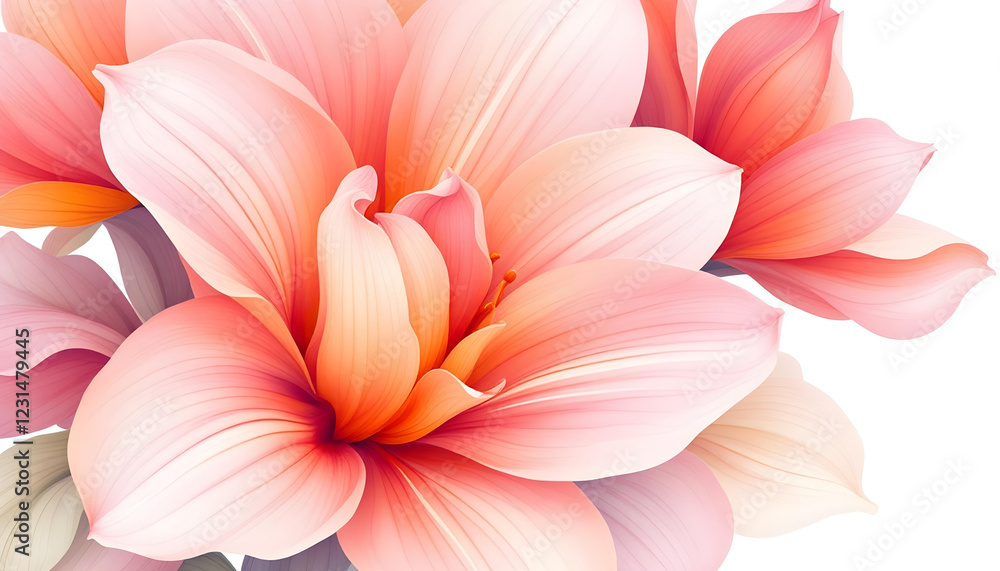 Fototapeta premium Botanical illustration of a stunning pink and orange flower with smooth, curved petals. The digital artwork captures the subtle color transitions and fine veins of each petal, creating a soft yet vibr