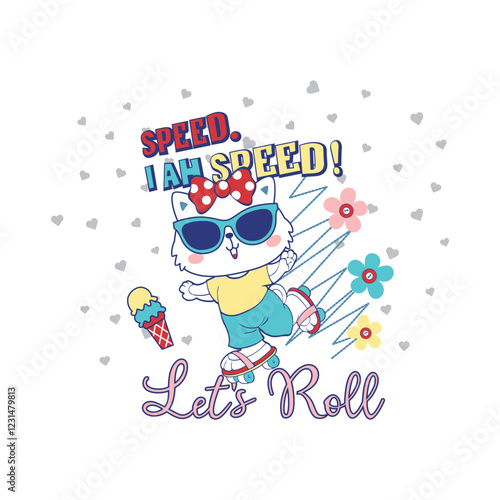 Beautiful cat character roller skating in a fun and energetic vector illustration, showcasing a playful personality.
