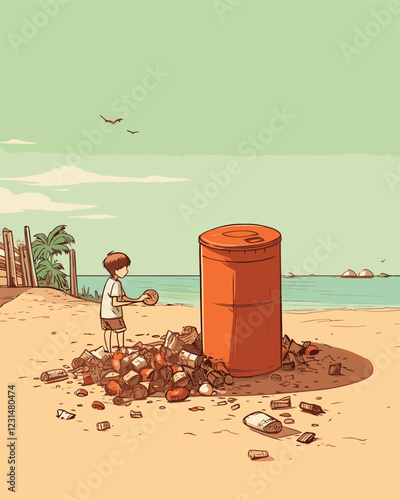 a child on a beach full of trash
