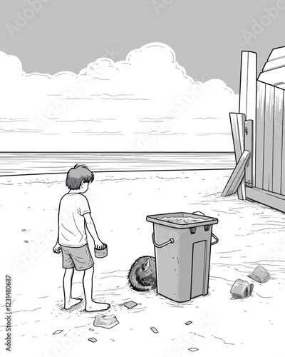 a child on a beach full of trash