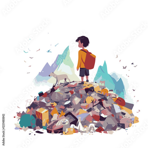 a child is among a dirty mountain of rubbish