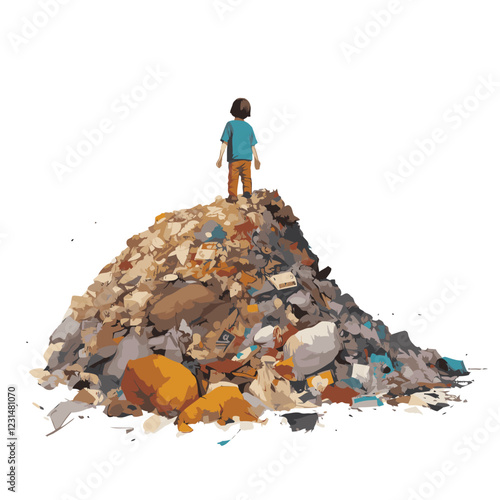 a child is among a dirty mountain of rubbish