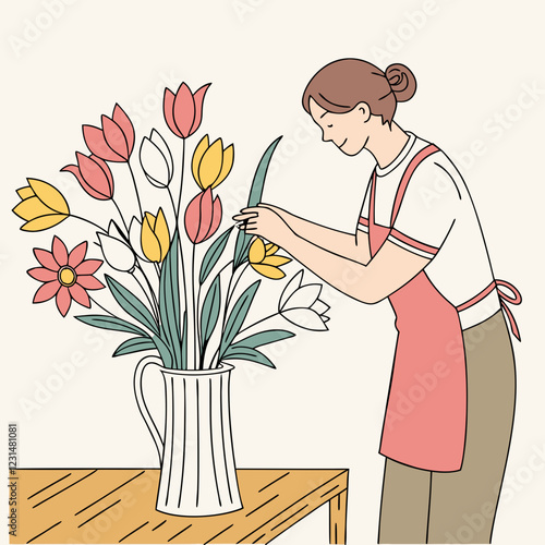 Person Arranging Flowers with a smile on a wooden table