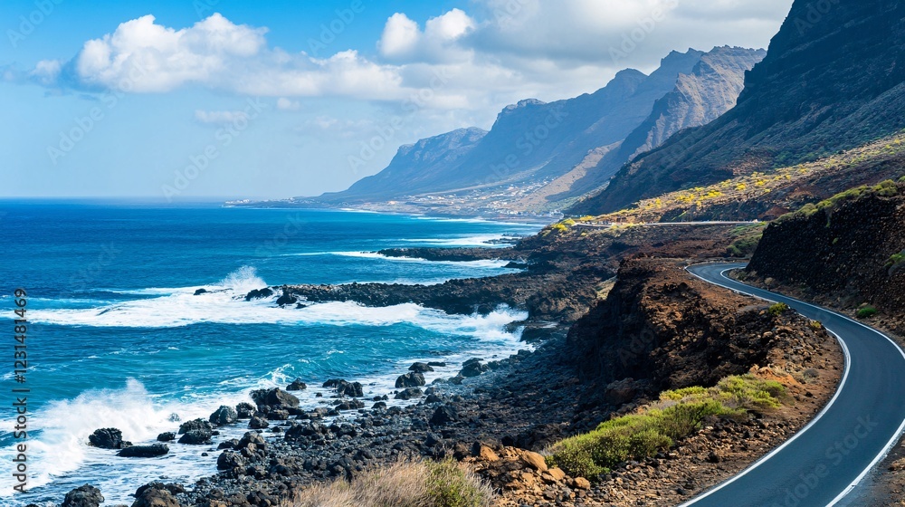 Coastal Scenic View with Road Along Ocean and Mountains in Background Coastal Scenic View with Road Along Ocean and Mountains in Background